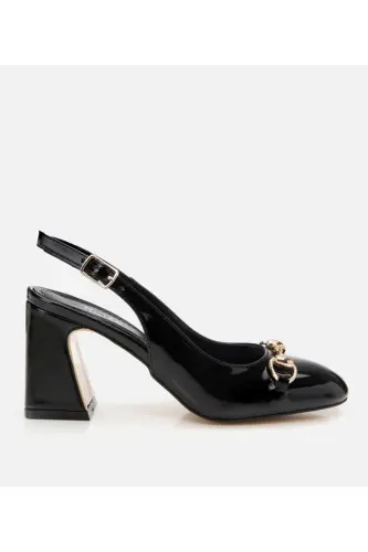 Women's Patent Black Open Back Chunky Heel Shoes - 1