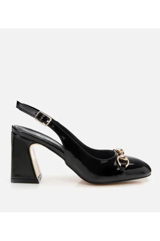 Women's Patent Black Open Back Chunky Heel Shoes - Hotiç