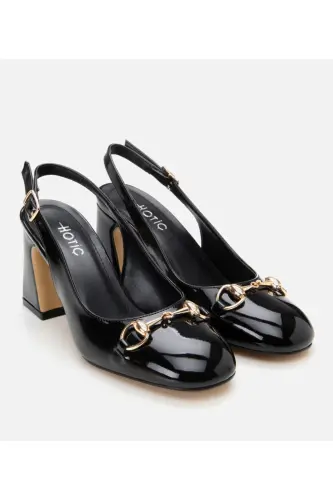 Women's Patent Black Open Back Chunky Heel Shoes - Hotiç (1)