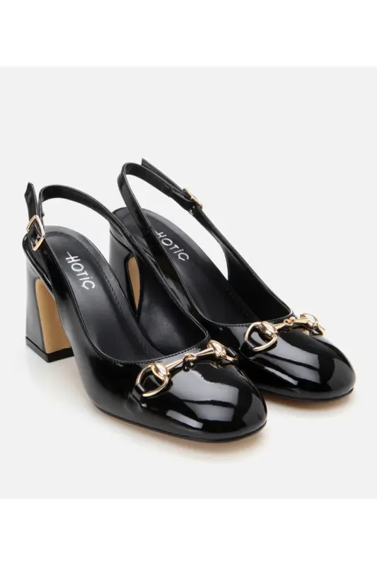 Women's Patent Black Open Back Chunky Heel Shoes - 2