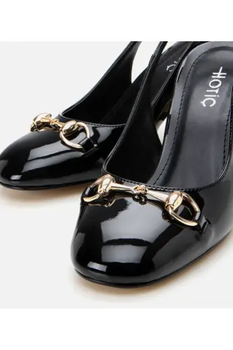 Women's Patent Black Open Back Chunky Heel Shoes - 3