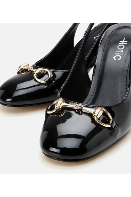 Women's Patent Black Open Back Chunky Heel Shoes - 3