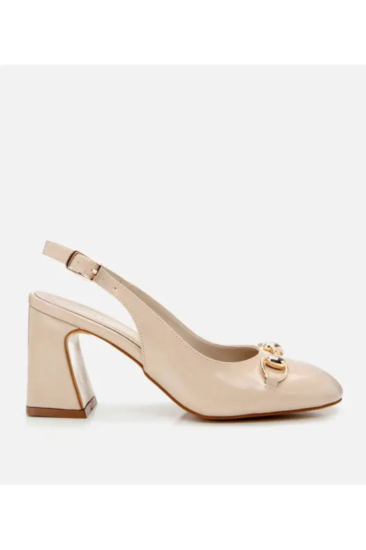 Women's Patent Leather Beige Backless Chunky Heel Shoes - Hotiç