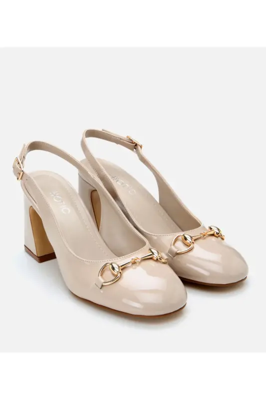 Women's Patent Leather Beige Backless Chunky Heel Shoes - 2