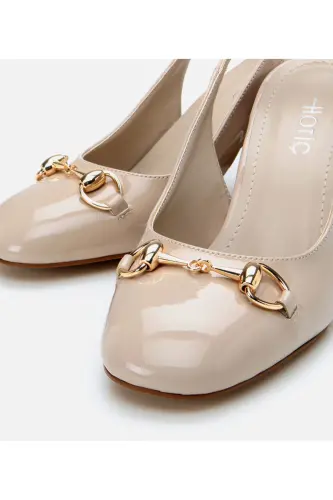 Women's Patent Leather Beige Backless Chunky Heel Shoes - 3