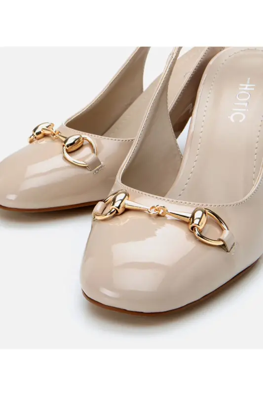 Women's Patent Leather Beige Backless Chunky Heel Shoes - 3