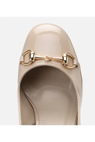 Women's Patent Leather Beige Backless Chunky Heel Shoes - 4