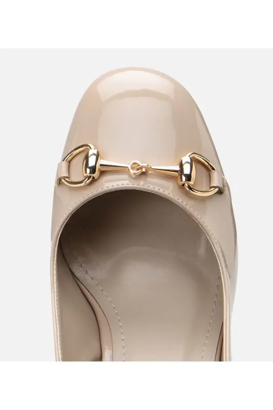 Women's Patent Leather Beige Backless Chunky Heel Shoes - 4