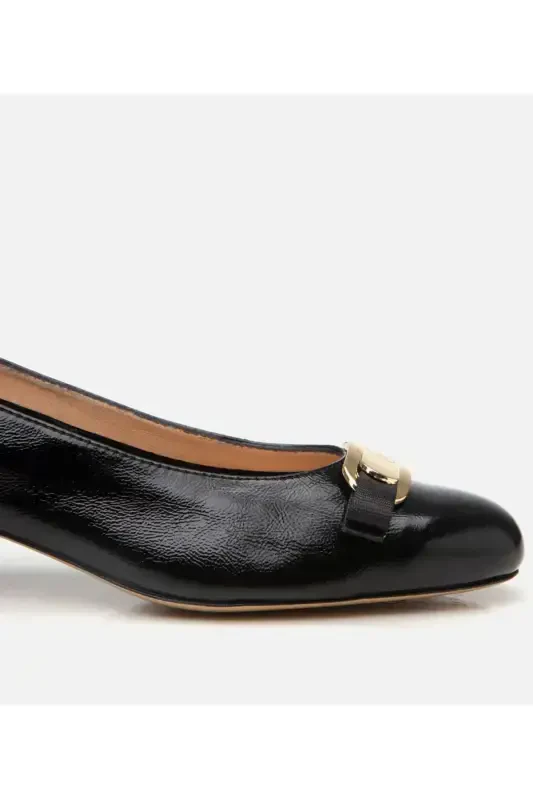 Women's Patent Leather Black Chunky Heel Shoes - 8