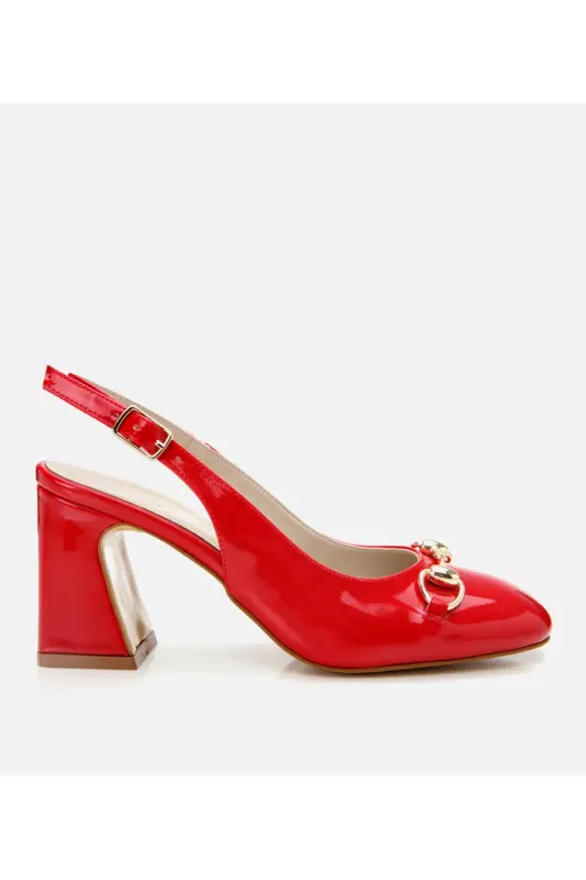 Women's Patent Leather Red Open Back Chunky Heel Shoe - Hotiç