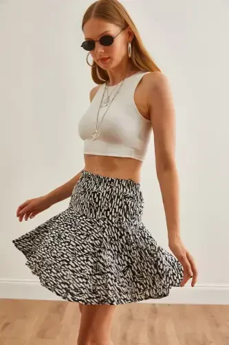 Women's Patterned Black Shorts Woven Viscose Mini Skirt - 3