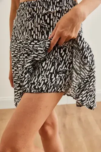 Women's Patterned Black Shorts Woven Viscose Mini Skirt - 5