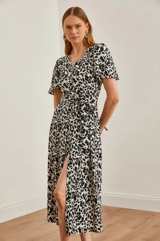 Women's Patterned Black V-Neck Belted Knitted Dress ELB-19002048-Patterned Black - 11