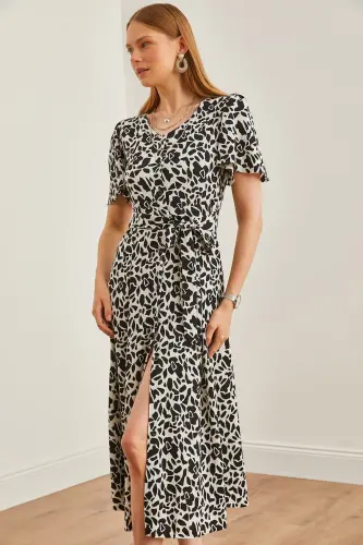 Women's Patterned Black V-Neck Belted Knitted Dress ELB-19002048-Patterned Black - OLALOOK (1)