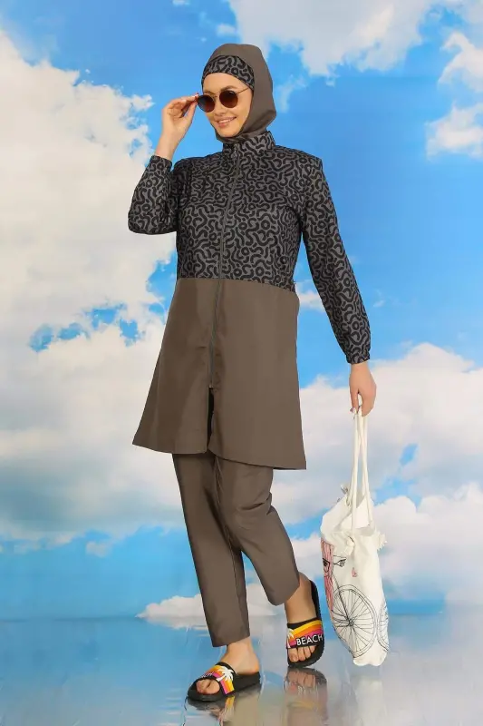 Women's Patterned Full-Cover Pants Swimsuit in Smoke 31074 - 1