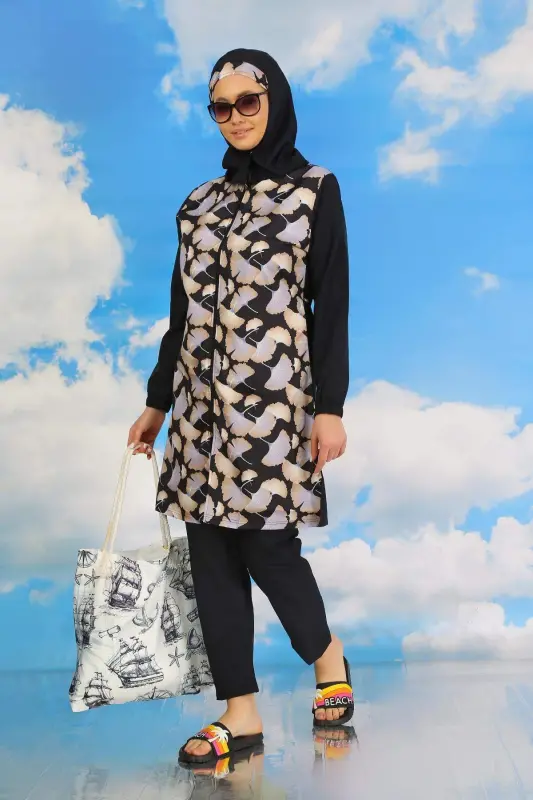 Women's Patterned Full Coverage Modest Swimsuit Navy Blue 31070 - 3