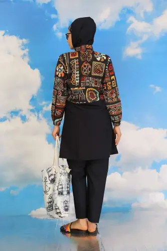 Women's Patterned Full-Coverage Swimsuit with Pants in Navy Blue 31074 - 4