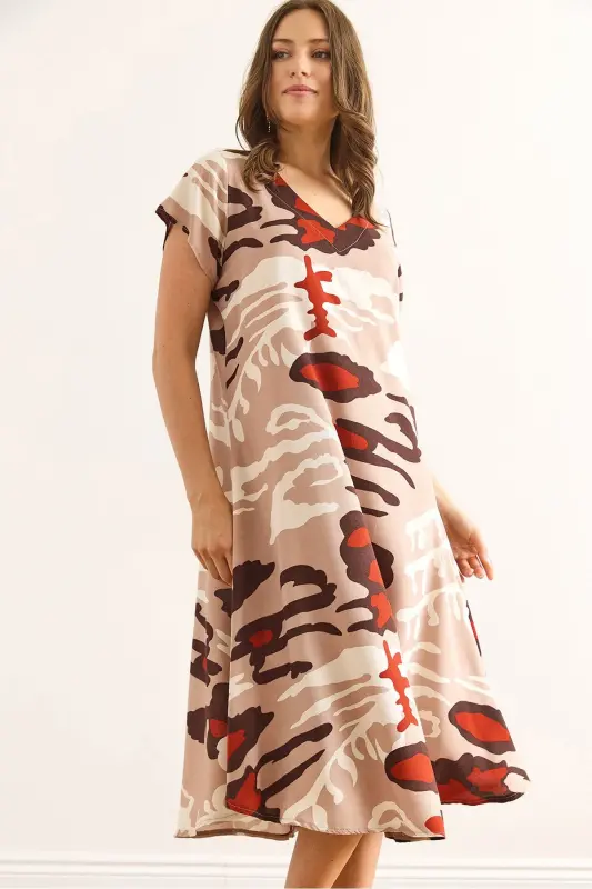 Women's Patterned Mink V Neck Patterned Woven Viscose M - 1