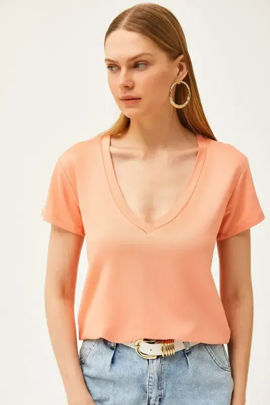 Women's Peach Deep V-Neck Modal Touch T-Shirt TSH - 1