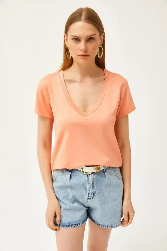 Women's Peach Deep V-Neck Modal Touch T-Shirt TSH - 2