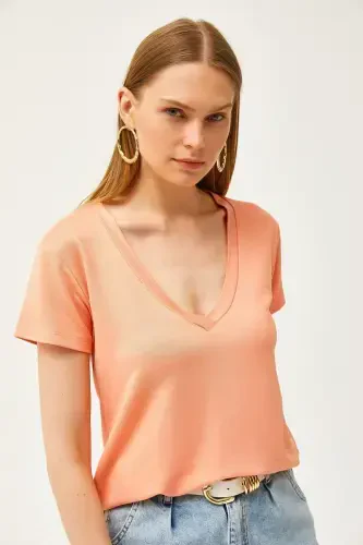 Women's Peach Deep V-Neck Modal Touch T-Shirt TSH - 3