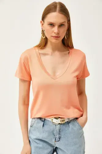Women's Peach Deep V-Neck Modal Touch T-Shirt TSH - 4