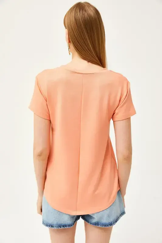 Women's Peach Deep V-Neck Modal Touch T-Shirt TSH - 5