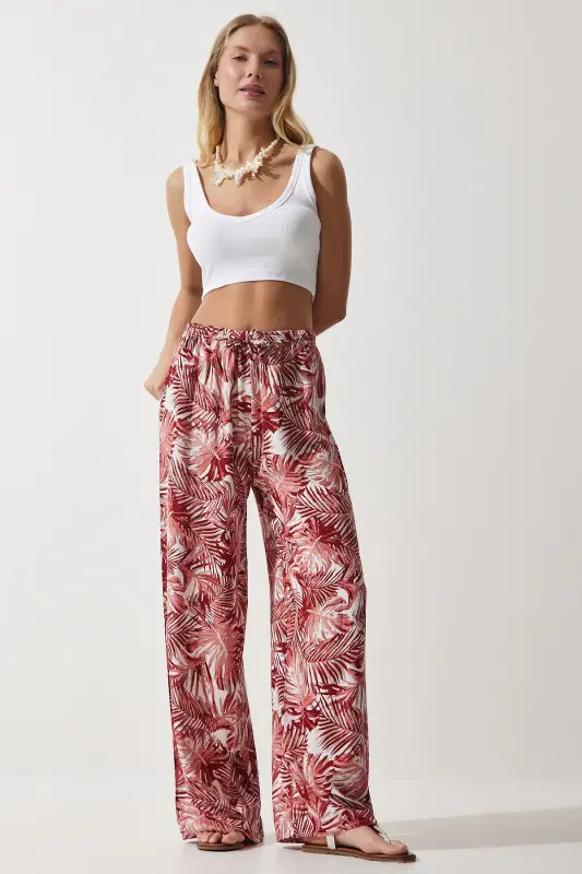 Women's Peach Patterned Flowy Viscose Palazzo Pants EN00606-Peach - HAPPINESS İSTANBUL