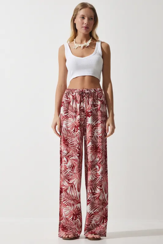 Women's Peach Patterned Flowy Viscose Palazzo Pants EN00606-Peach - 3
