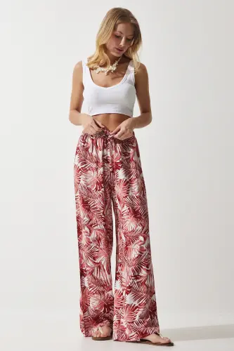 Women's Peach Patterned Flowy Viscose Palazzo Pants EN00606-Peach - 4