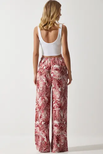 Women's Peach Patterned Flowy Viscose Palazzo Pants EN00606-Peach - 6