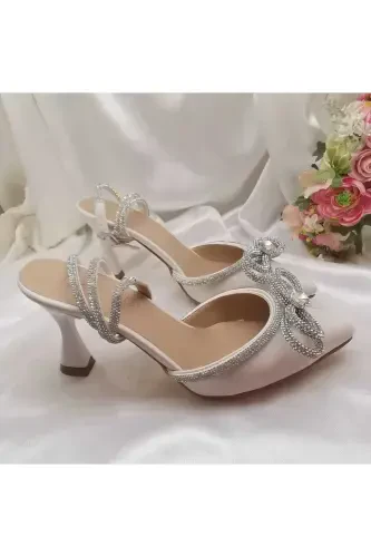 Women's Pearl Broken White 7 Cm Stiletto Bridal Shoes with Jeweled Bow - PEARL WHITE - 1
