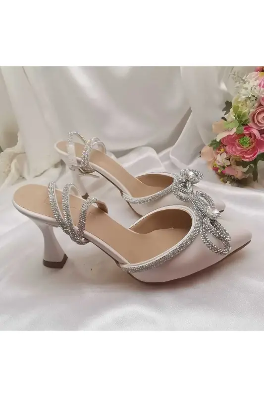 Women's Pearl Broken White 7 Cm Stiletto Bridal Shoes with Jeweled Bow - PEARL WHITE - LİNEER