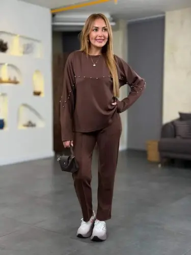 Women's Pearl Detailed Modal Fabric Twin Set - BÜYÜKBEDENIZ (1)