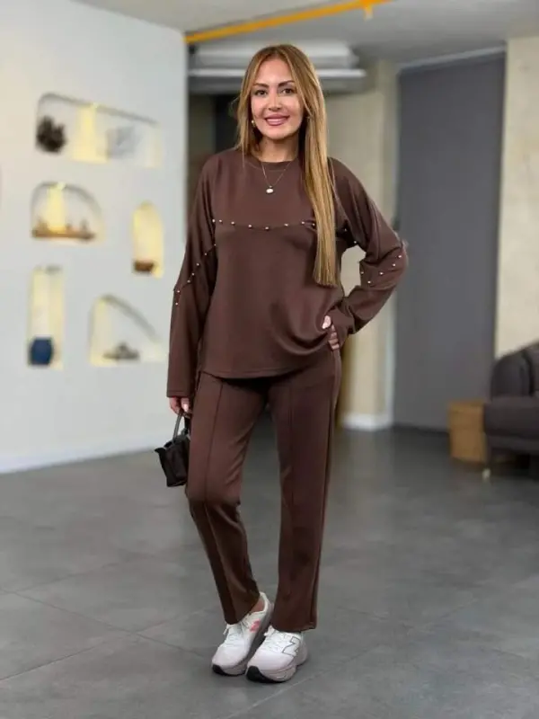 Women's Pearl Detailed Modal Fabric Twin Set - 8