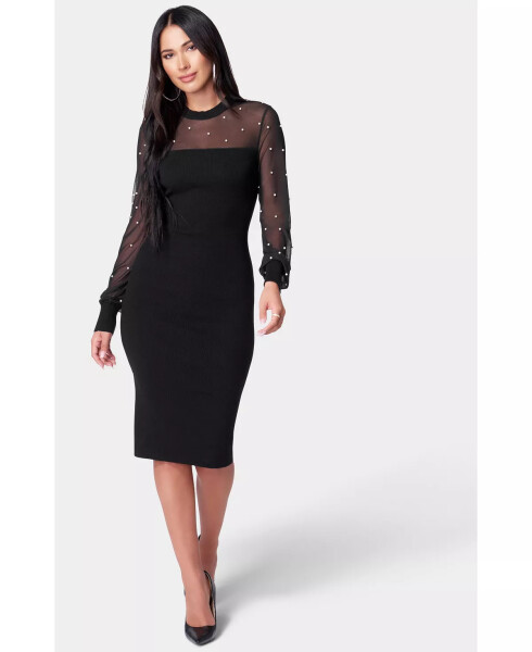 Women's Pearl Mesh Sweater Dress Black - 5