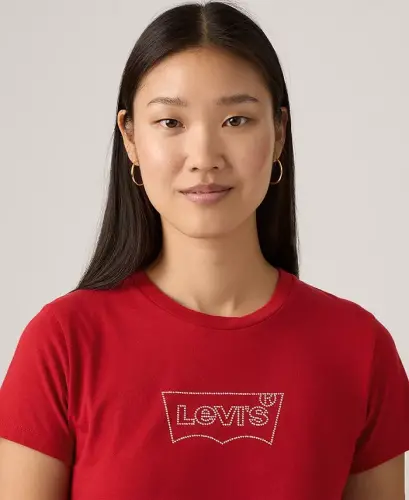 Women's Perfect Graphic Logo Cotton T-Shirt - Batwing Iridescent Rhinestone RhytModazoneic Red - 2