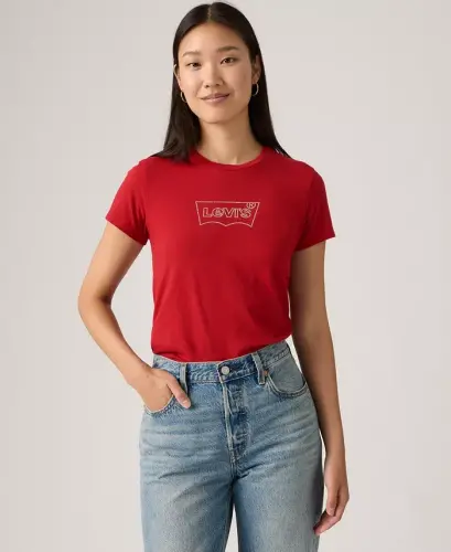 Women's Perfect Graphic Logo Cotton T-Shirt - Batwing Iridescent Rhinestone RhytModazoneic Red - 4