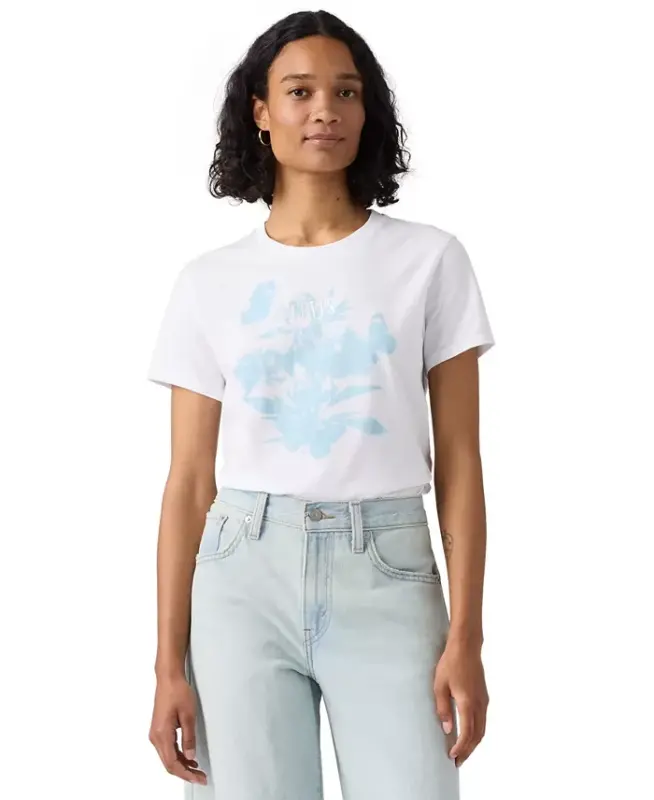 Women's Perfect Graphic Logo Cotton T-Shirt - Blur Florals With Serif Emb Bright White - LEVI'S