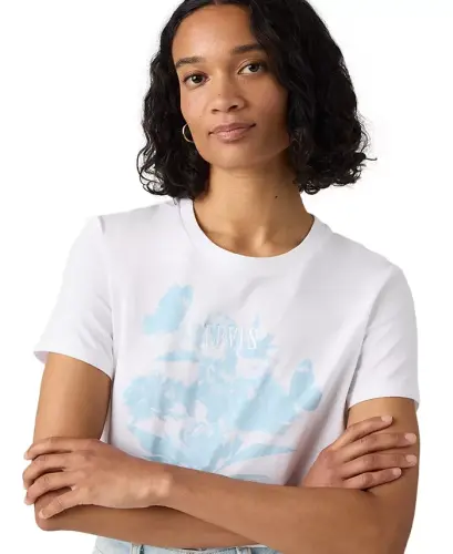 Women's Perfect Graphic Logo Cotton T-Shirt - Blur Florals With Serif Emb Bright White - 2