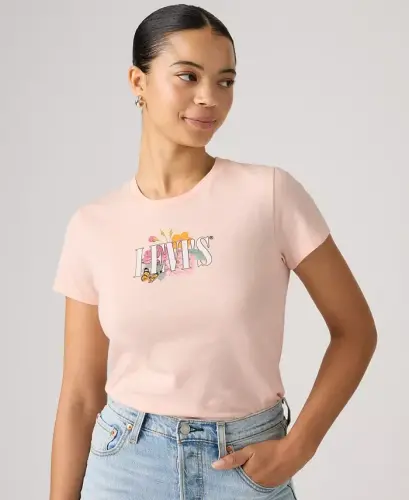 Women's Perfect Graphic Logo Cotton T-Shirt - Botanical Rose Serif Mangano Calcite - 4