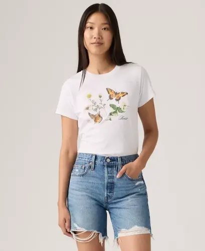Women's Perfect Graphic Logo Cotton T-Shirt - Butterflies On Daisies Bright White - 1