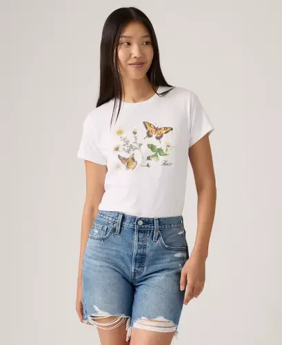 Women's Perfect Graphic Logo Cotton T-Shirt - Butterflies On Daisies Bright White - 3