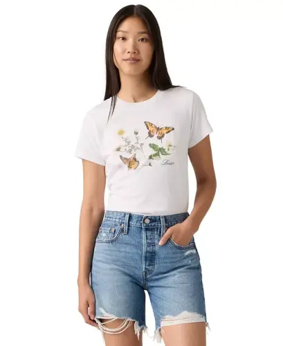 Women's Perfect Graphic Logo Cotton T-Shirt - Butterflies On Daisies Bright White - 4