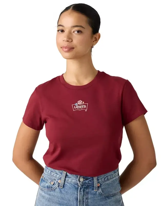 Women's Perfect Graphic Logo Cotton T-Shirt - Emb Rose Bw Warm Cabernet - 1