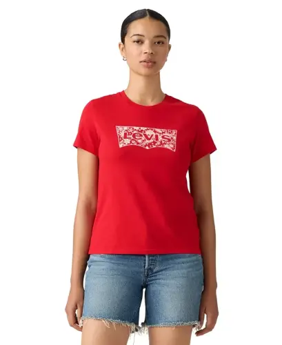 Women's Perfect Graphic Logo Cotton T-Shirt - Floral Bandana Bw True Red 