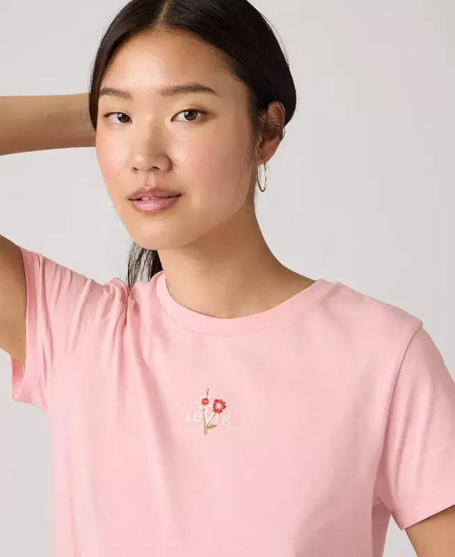 Women's Perfect Graphic Logo Cotton T-Shirt - Floral Emb Bw Coral Blush - 2