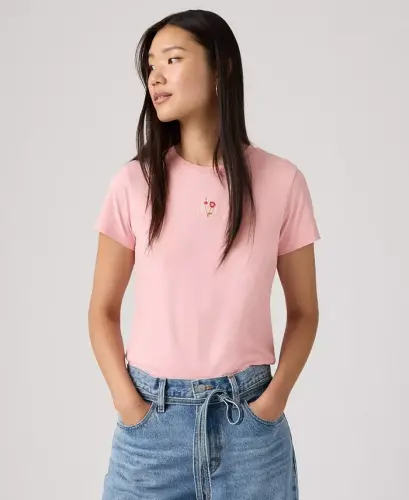 Women's Perfect Graphic Logo Cotton T-Shirt - Floral Emb Bw Coral Blush - 4