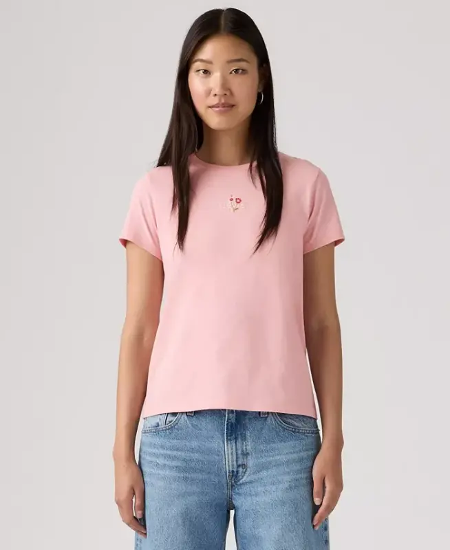 Women's Perfect Graphic Logo Cotton T-Shirt - Floral Emb Bw Coral Blush - LEVI'S