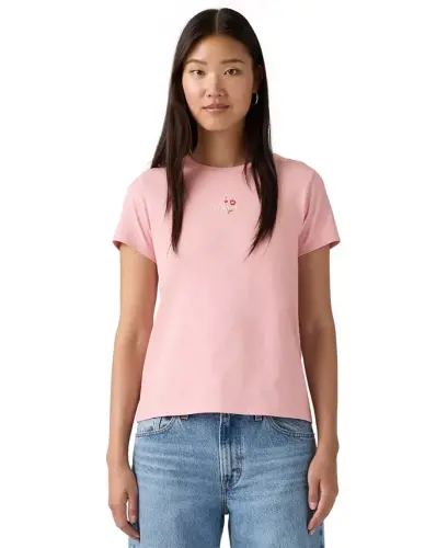 Women's Perfect Graphic Logo Cotton T-Shirt - Floral Emb Bw Coral Blush - 5